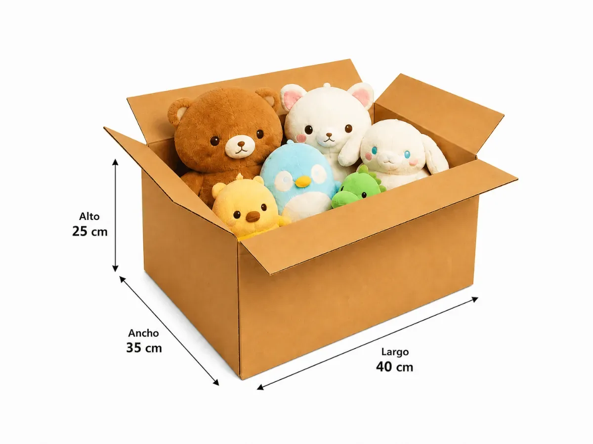 Box with plush toys and dimensions for calculating volumetric weight