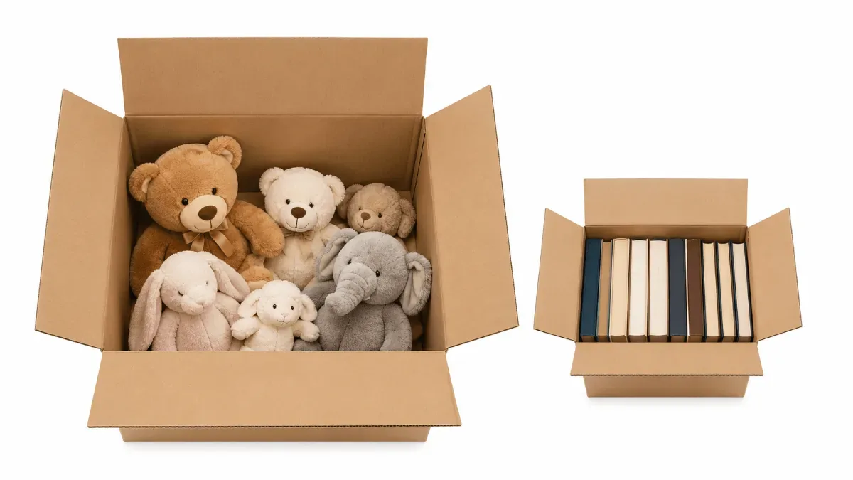 Comparison between a large box with plush toys and a smaller box with books to explain volumetric weight